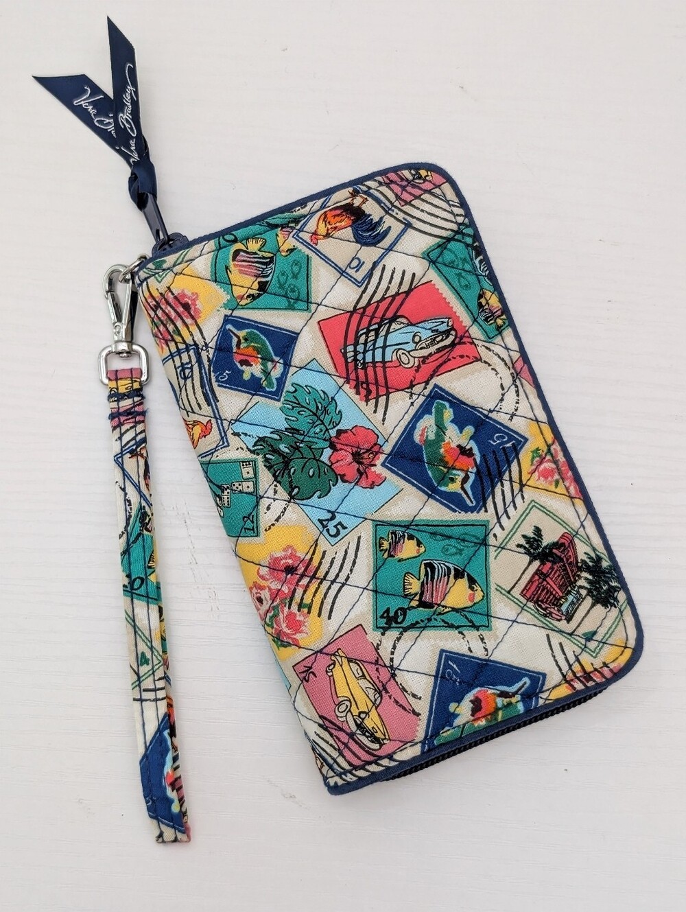 Vera Bradley RFID Grab and Go Wristlet Wallet OS Cuban Stamps Print Colorful